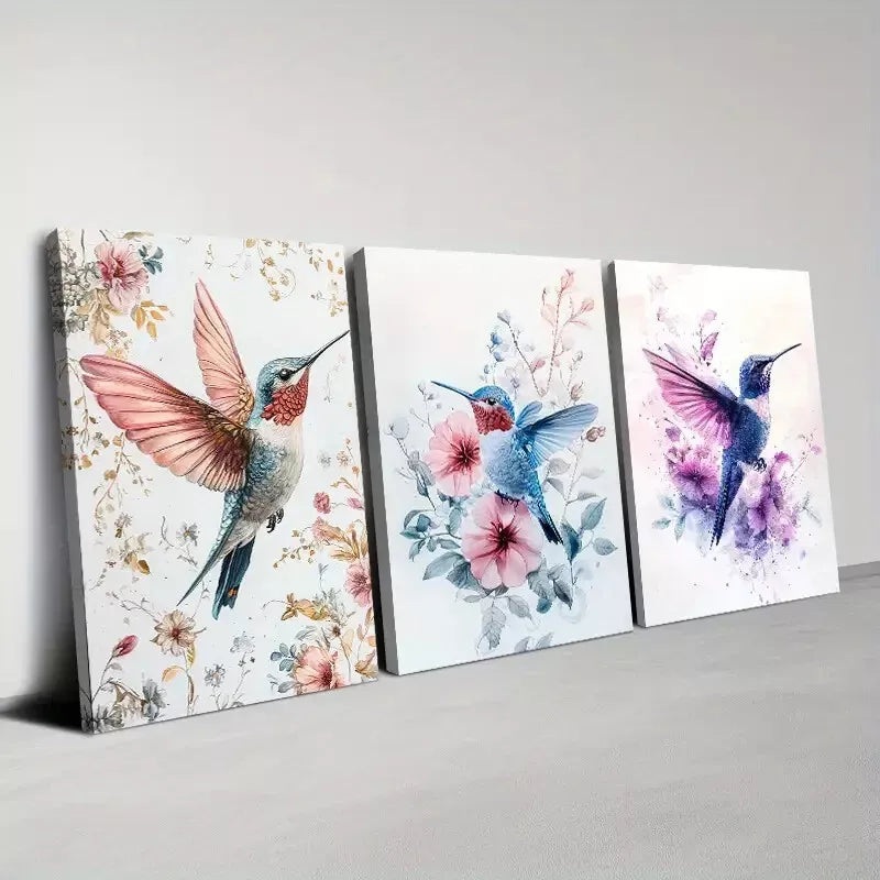 3pcs Colorful Plants And Hummingbird Flying Wall Art Set Canvas Framed 40x60cm - High Quality Print 100% Australian Made Wall Canvas Ready to Hang