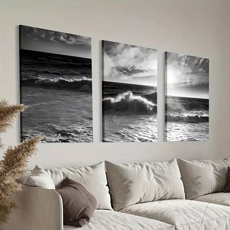 3pcs Dark Ocean Wave on Beach Canvas Framed 40x60cm - High Quality Print 100% Australian Made Wall Canvas Ready to Hang
