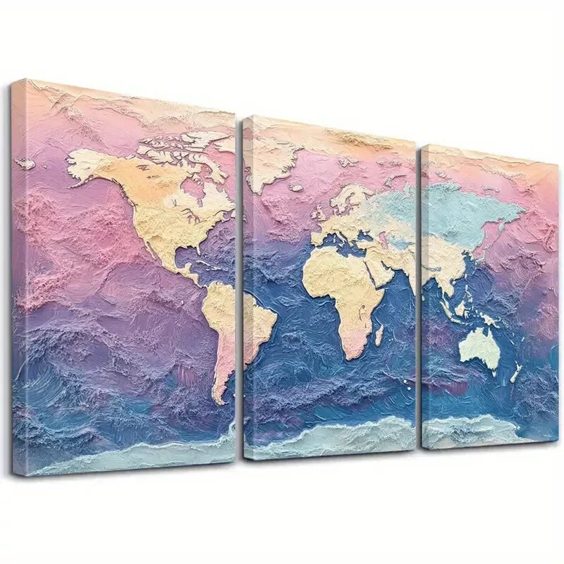 3pcs Decorative Aesthetic Textured World Map Wall Art Set Canvas Framed 40x60cm - High Quality Print 100% Australian Made Wall Canvas Ready to Hang