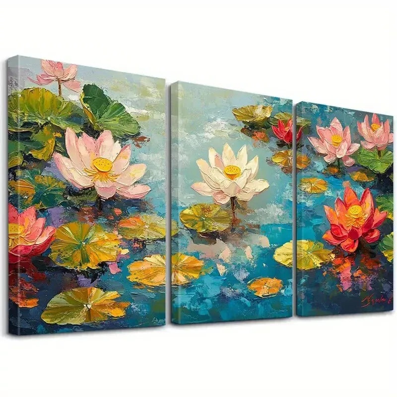 3pcs Decorative Lotus Flowers with Pink Petals Wall Art Set Canvas Framed 40x60cm - High Quality Print 100% Australian Made Wall Canvas Ready to Hang