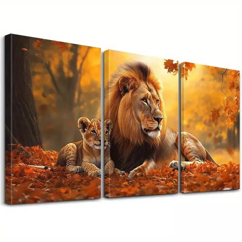3pcs Decorative Peaceful Lion And Cub Aesthetic Wall Art Set Canvas Framed 40x60cm - High Quality Print 100% Australian Made Wall Canvas Ready to Hang