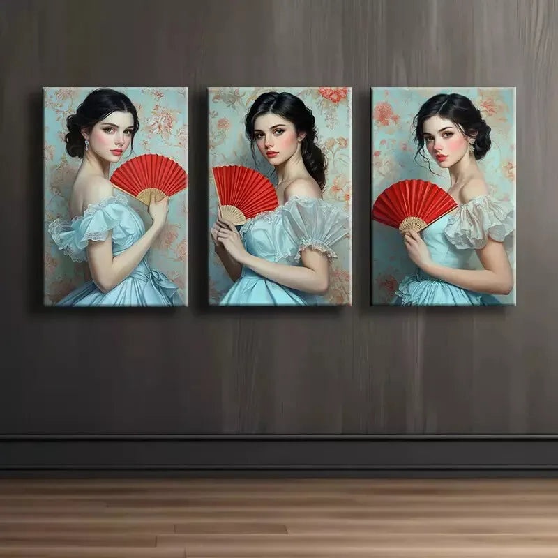 3pcs Elegant Girl with Red Fan Canvas Framed 40x60cm - High Quality Print 100% Australian Made Wall Canvas Ready to Hang