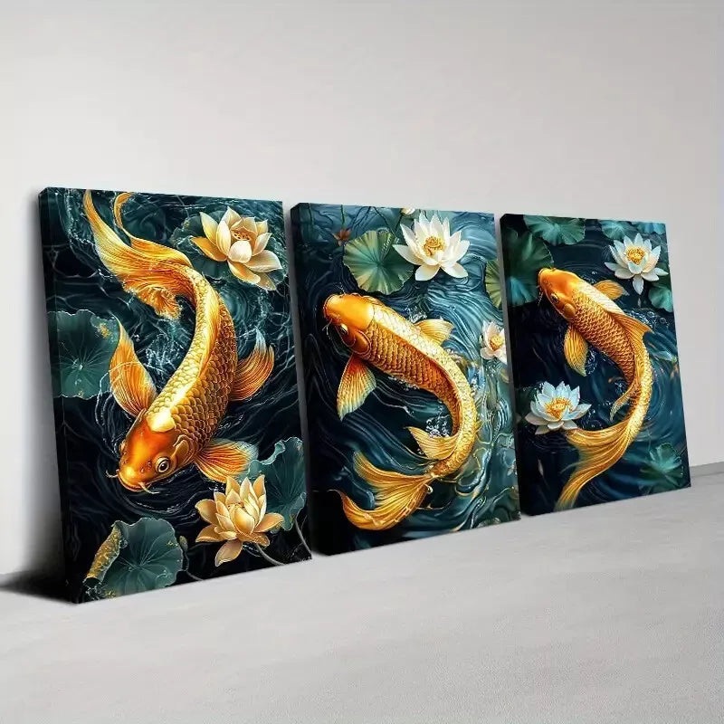 3pcs Elegant Pond Koi Swimming Floral Lotus Wall Art Set Canvas Framed 40x60cm - High Quality Print 100% Australian Made Wall Canvas Ready to Hang