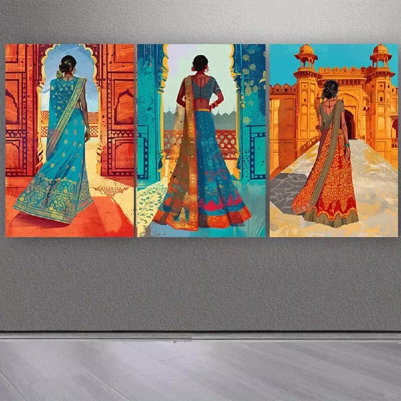 3pcs Elegant Traditional Women in Cultural Attire Canvas Framed 40x60cm - High Quality Print 100% Australian Made Wall Canvas Ready to Hang