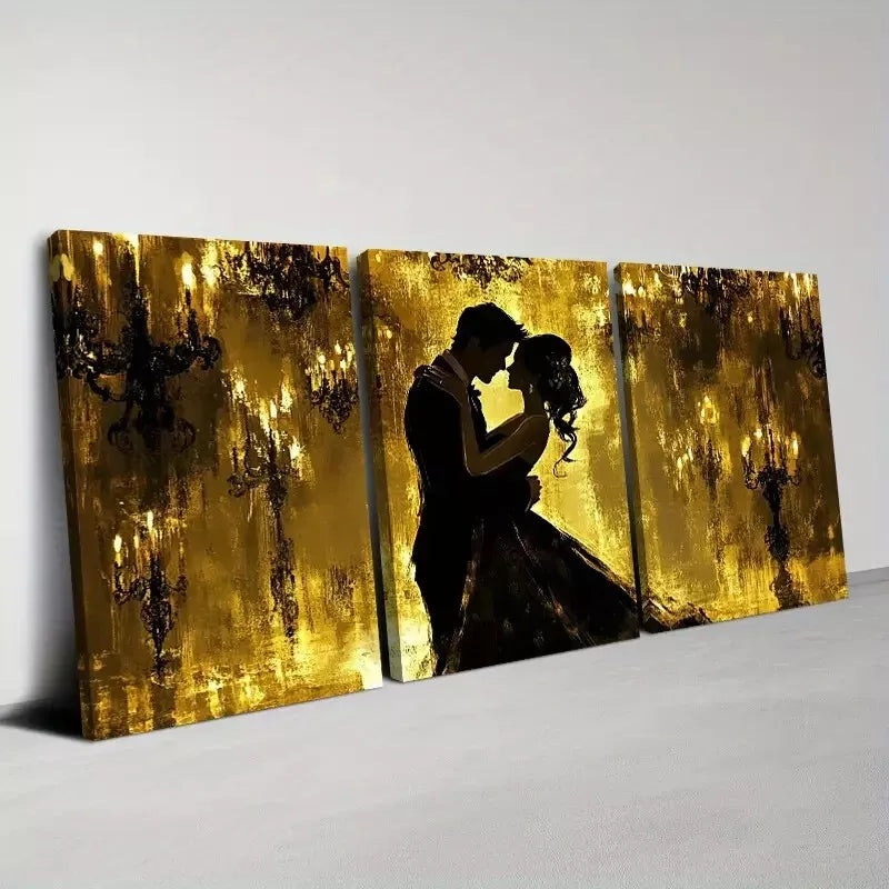 3pcs Enchanting Golden Beautiful Couple Wall Art Set Canvas Framed 40x60cm - High Quality Print 100% Australian Made Wall Canvas Ready to Hang
