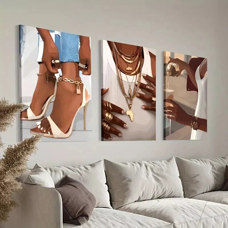 3pcs Fashionable Black Women With Heel Rings & Wine Glass Canvas Framed 40x60cm - High Quality Print 100% Australian Made Wall Canvas Ready to Hang
