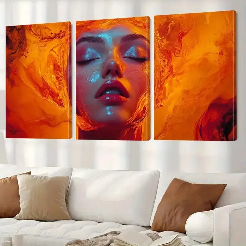 3pcs Fiery Hair Vibrant Orange & Red Abstract Wall Art Set Canvas Framed 40x60cm - High Quality Print 100% Australian Made Wall Canvas Ready to Hang