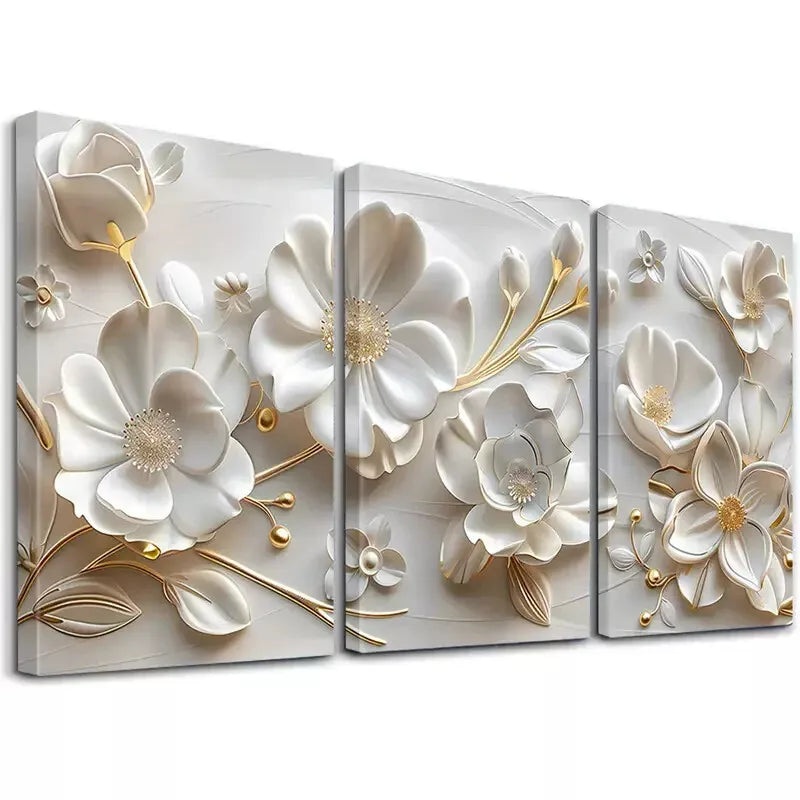 3pcs Floral Art Decorative White Flowers Wall Art Set Canvas Framed 40x60cm - High Quality Print 100% Australian Made Wall Canvas Ready to Hang