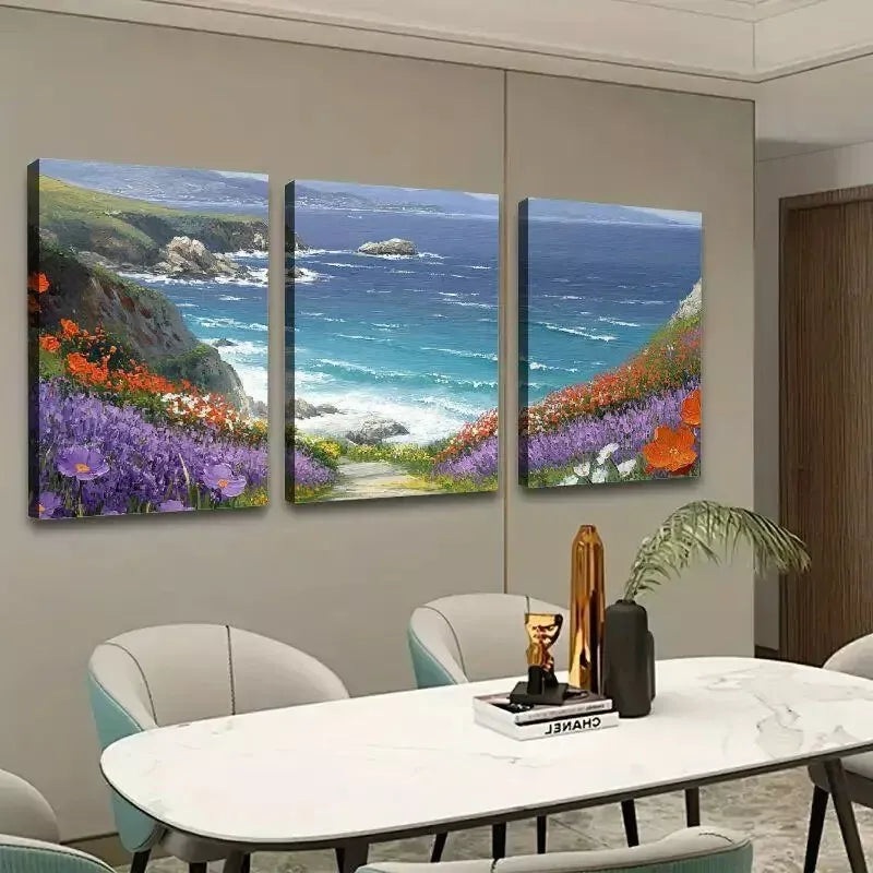 3pcs Flowers With Grass Mountain & Sea Canvas Framed 40x60cm - High Quality Print 100% Australian Made Wall Canvas Ready to Hang
