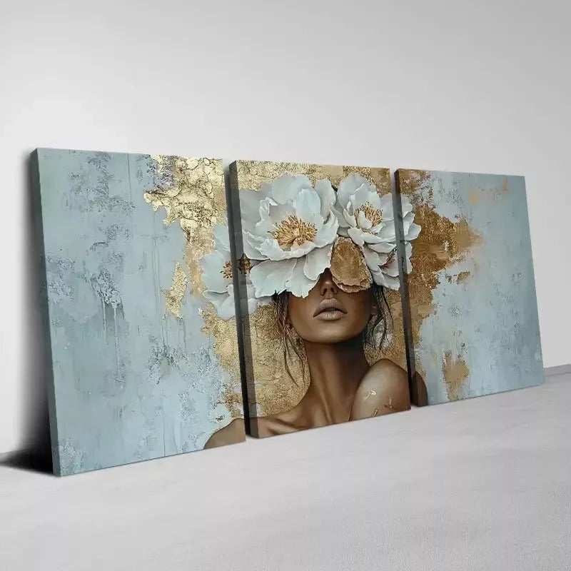 3pcs Abstract Golden White Flower Woman Painting Wall Art Set Canvas Framed 40x60cm - High Quality Print 100% Australian Made Wall Canvas Ready to Hang
