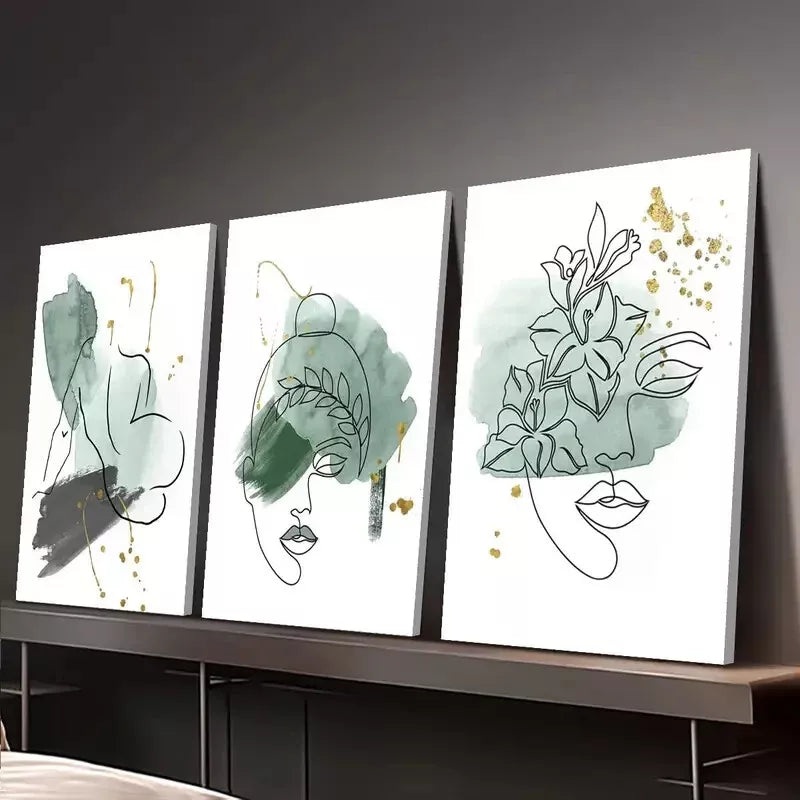 3pcs Abstract Green Sage Line Face Shape Wall Art Set Canvas Framed 40x60cm - High Quality Print 100% Australian Made Wall Canvas Ready to Hang