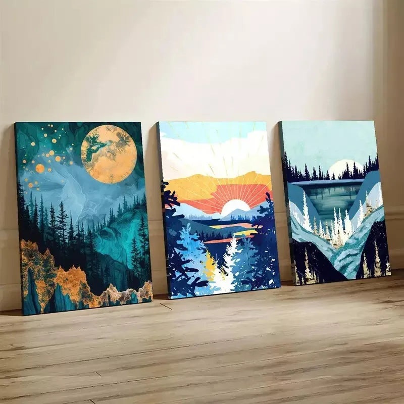 3pcs Abstract Modern River Vista With Trees Wall Art Set Canvas Framed 40x60cm - High Quality Print 100% Australian Made Wall Canvas Ready to Hang