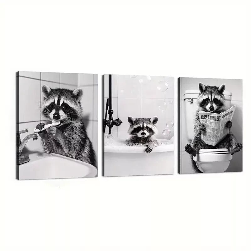 3pcs Abstract Raccoon in Funny Situations Wall Art Set Canvas Framed 40x60cm - High Quality Print 100% Australian Made Wall Canvas Ready to Hang