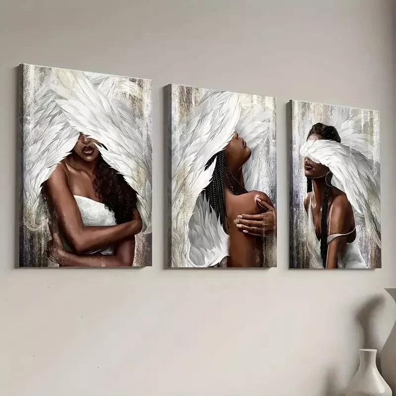3pcs African American Women with Angel Wall Art Set Canvas Framed 40x60cm - High Quality Print 100% Australian Made Wall Canvas Ready to Hang