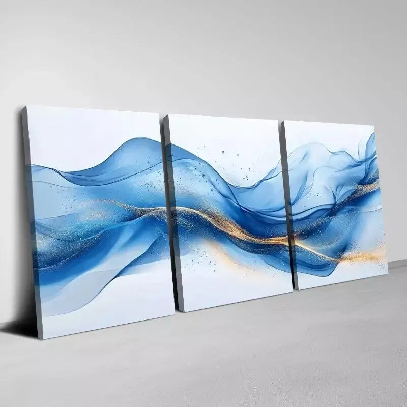3pcs Beautiful Abstract Blue Gold Line Painting Wall Art Set Canvas Framed 40x60cm - High Quality Print 100% Australian Made Wall Canvas Ready to Hang