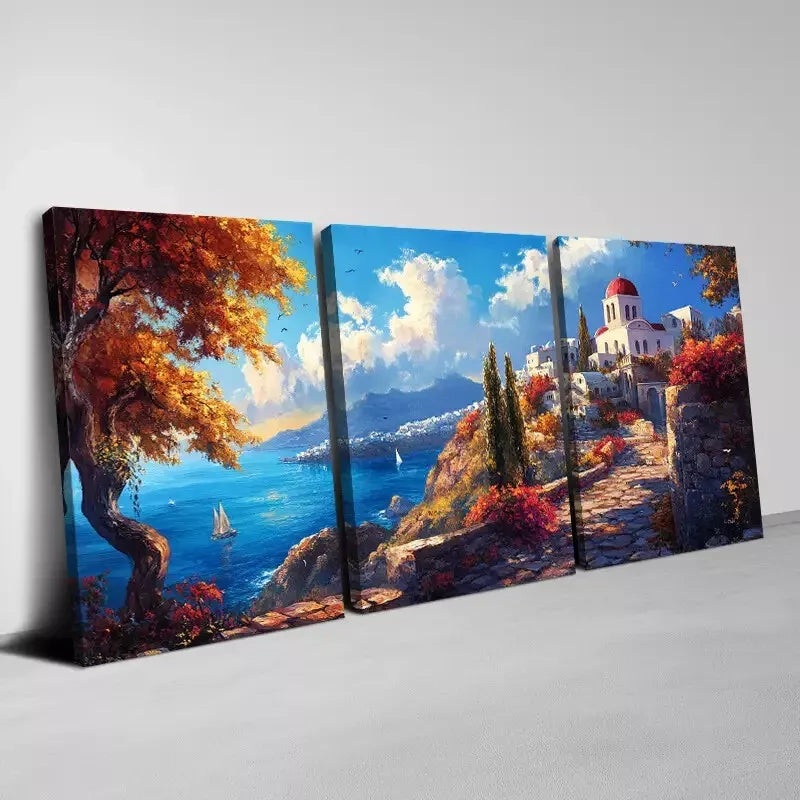 3pcs Beautiful Charming Seaside Floral Scenery Wall Art Set Canvas Framed 40x60cm - High Quality Print 100% Australian Made Wall Canvas Ready to Hang