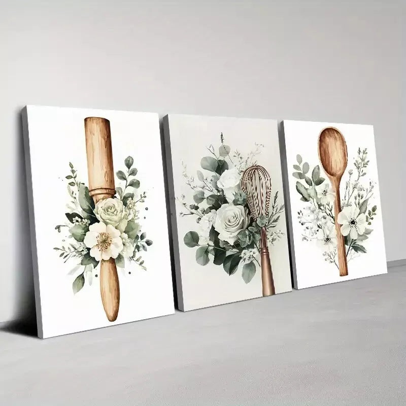 3pcs Beautiful Charming White Floral Kitchenware Wall Art Set Canvas Framed 40x60cm - High Quality Print 100% Australian Made Wall Canvas Ready to Hang