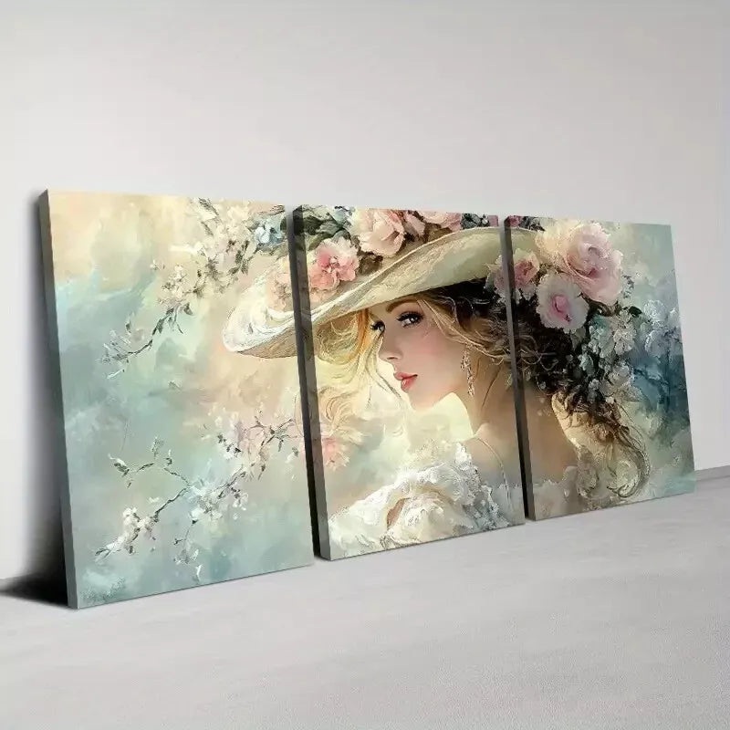 3pcs Beautiful Fashion Lady with Floral Hat Wall Art Set Canvas Framed 40x60cm - High Quality Print 100% Australian Made Wall Canvas Ready to Hang