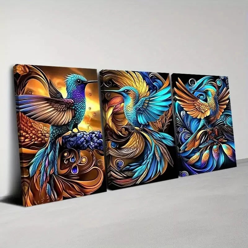3pcs Beautiful Golden and Blue Abstract Bird Wall Art Set Canvas Framed 40x60cm - High Quality Print 100% Australian Made Wall Canvas Ready to Hang