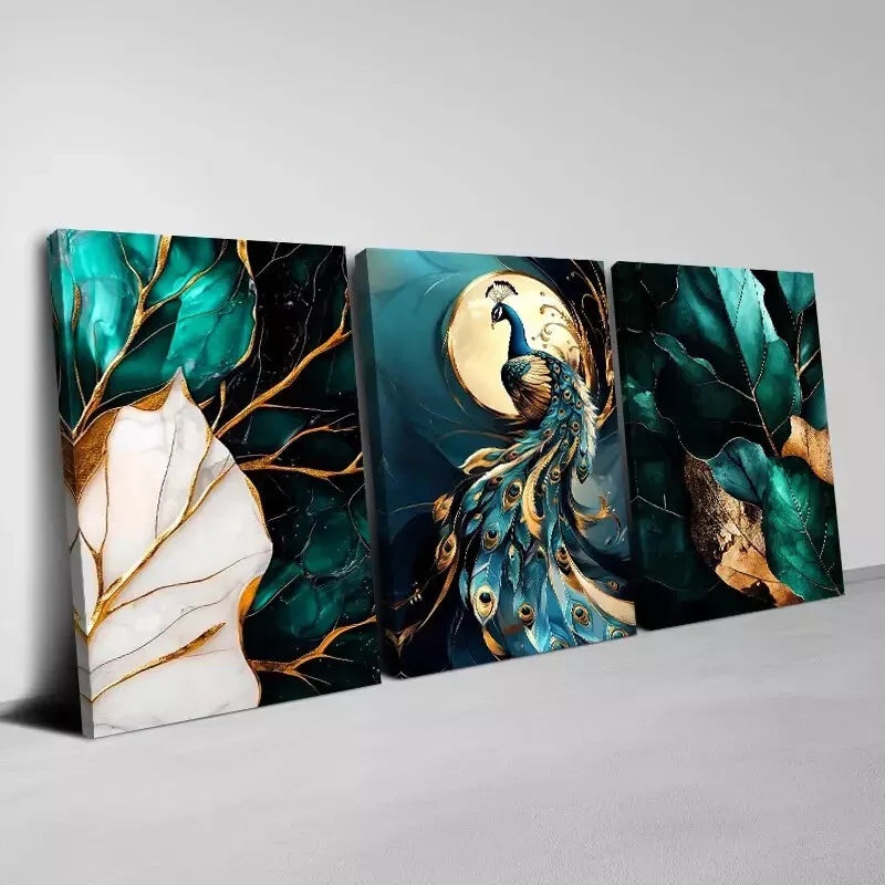 3pcs Beautiful Leaf Peacock with Leaves Wall Art Set Canvas Framed 40x60cm - High Quality Print 100% Australian Made Wall Canvas Ready to Hang