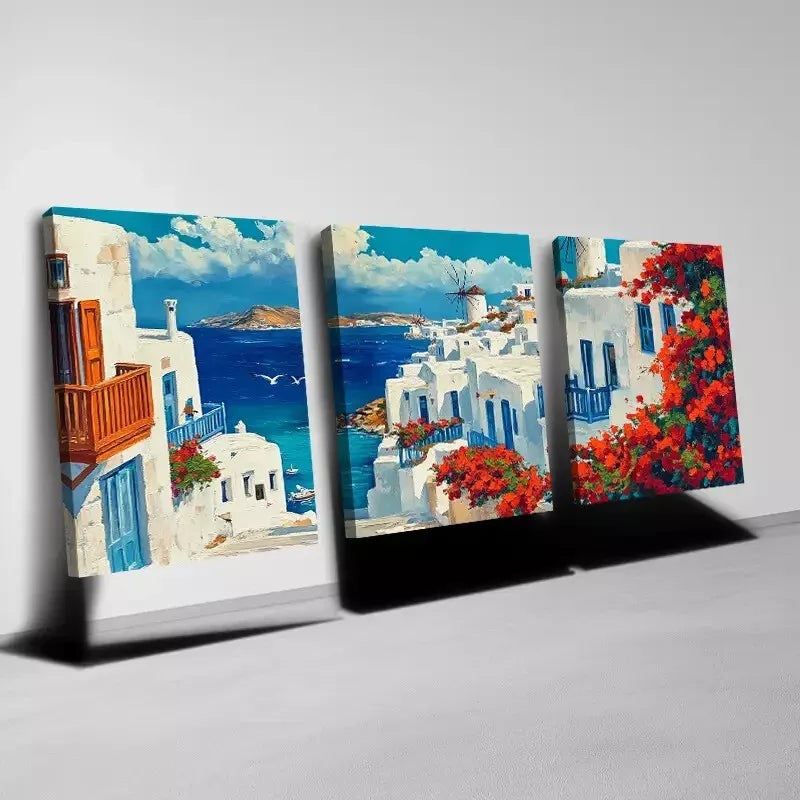 3pcs Beautiful Seaside with Flowers and Seagulls Wall Art Set Canvas Framed 40x60cm - High Quality Print 100% Australian Made Wall Canvas Ready to Hang