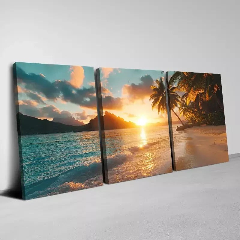 3pcs Beautiful Vintage Beach Sunset with Trees Wall Art Set Canvas Framed 40x60cm - High Quality Print 100% Australian Made Wall Canvas Ready to Hang