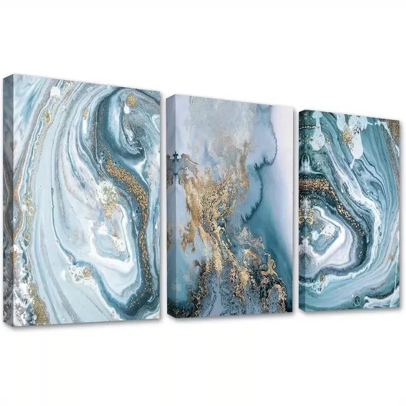 3pcs Blue & Golden Abstract Watercolor Wall Art Set Canvas Framed 40x60cm - High Quality Print 100% Australian Made Wall Canvas Ready to Hang
