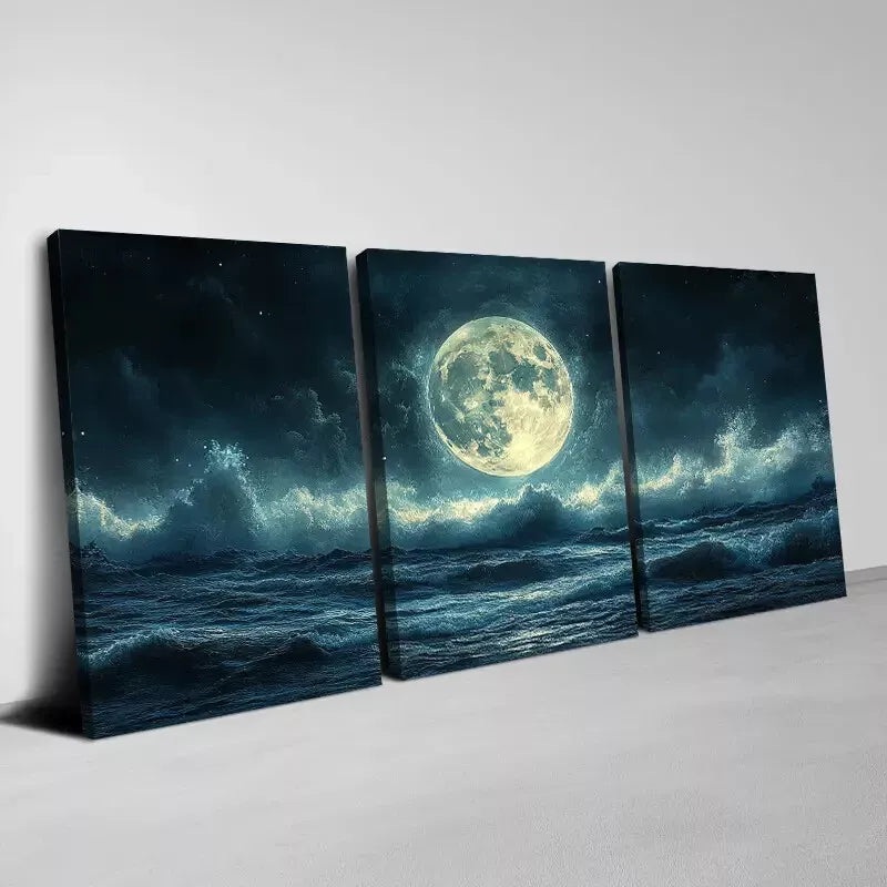3pcs Blue & Green Starry Night Sky Moonlit Ocean Wall Art Set Canvas Framed 40x60cm - High Quality Print 100% Australian Made Wall Canvas Ready to Hang