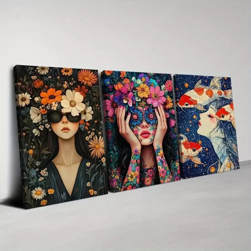 3pcs Bright Colorful Abstract Woman Florals Wall Art Set Canvas Framed 40x60cm - High Quality Print 100% Australian Made Wall Canvas Ready to Hang
