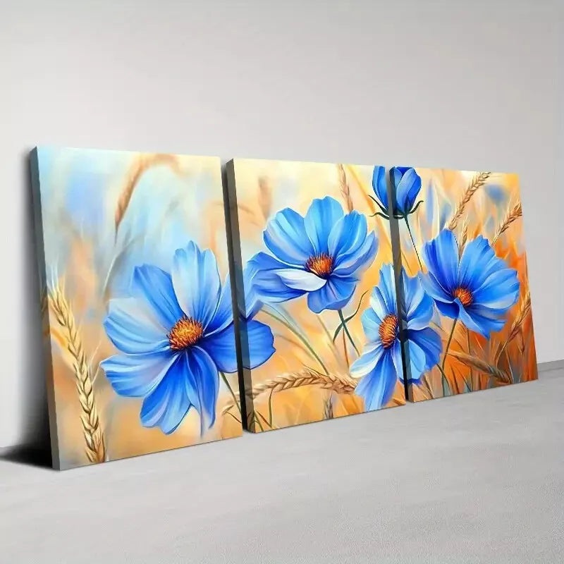 3pcs Charming Bohemian Blue Florals Wall Art Set Canvas Framed 40x60cm - High Quality Print 100% Australian Made Wall Canvas Ready to Hang