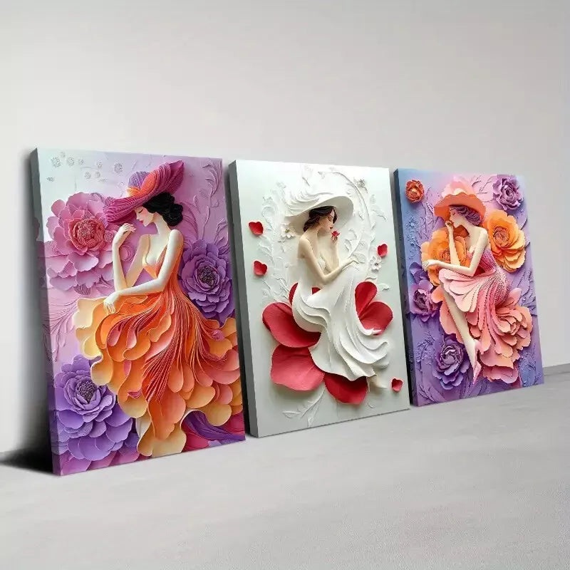 3pcs Charming Fashionable Woman With Flowers Wall Art Set Canvas Framed 40x60cm - High Quality Print 100% Australian Made Wall Canvas Ready to Hang