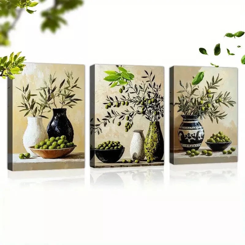 3pcs Charming Olives Branch Still Life Vases Wall Art Set Canvas Framed 40x60cm - High Quality Print 100% Australian Made Wall Canvas Ready to Hang