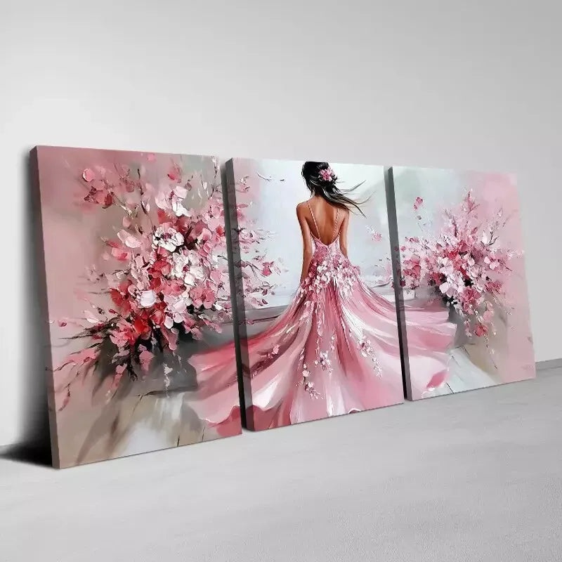 3pcs Charming Pink Dress Woman with Pink Florals Wall Art Set Canvas Framed 40x60cm - High Quality Print 100% Australian Made Wall Canvas Ready to Hang
