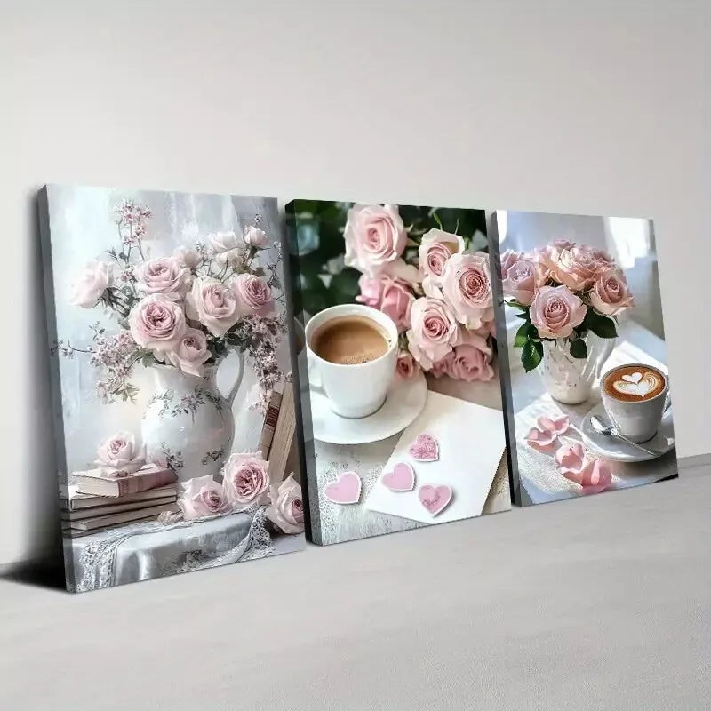 3pcs Charming Pink Rose Coffee on a table Wall Art Set Canvas Framed 40x60cm - High Quality Print 100% Australian Made Wall Canvas Ready to Hang