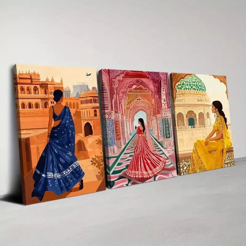 3pcs Charming Vintage Traditional Indian Women Wall Art Set Canvas Framed 40x60cm - High Quality Print 100% Australian Made Wall Canvas Ready to Hang