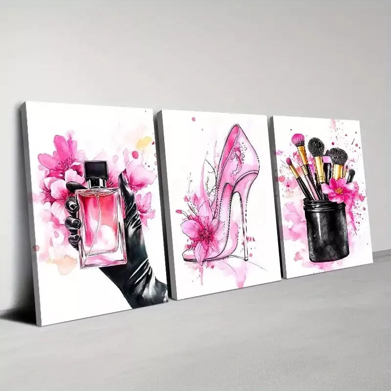 3pcs Chic Ladies Fashion with Pink Cosmetics Wall Art Set Canvas Framed 40x60cm - High Quality Print 100% Australian Made Wall Canvas Ready to Hang
