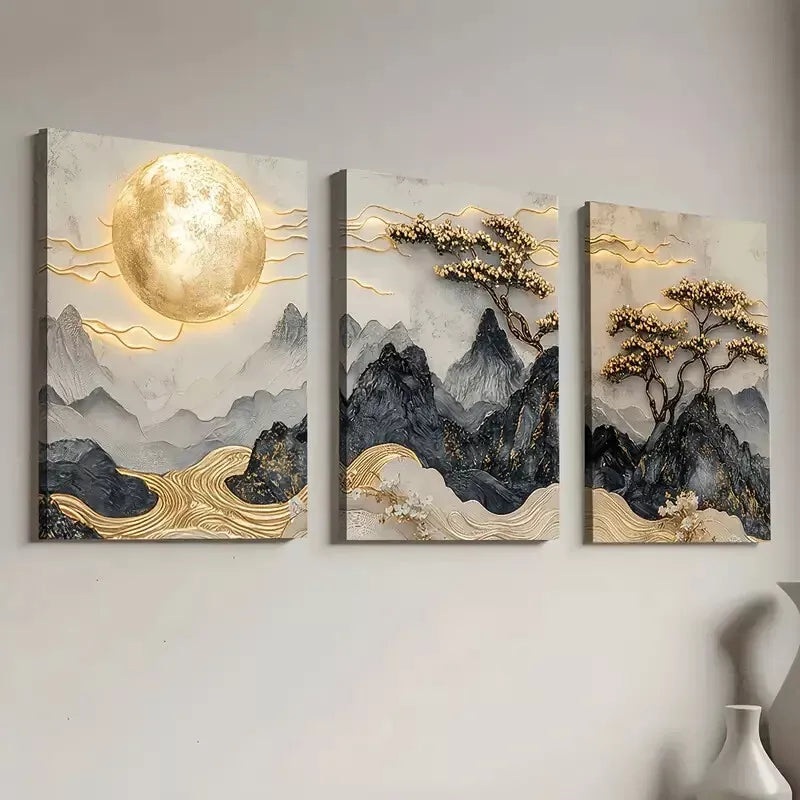3pcs Chinese Luxury Points Golden Mountain Wall Art Set Canvas Framed 40x60cm - High Quality Print 100% Australian Made Wall Canvas Ready to Hang
