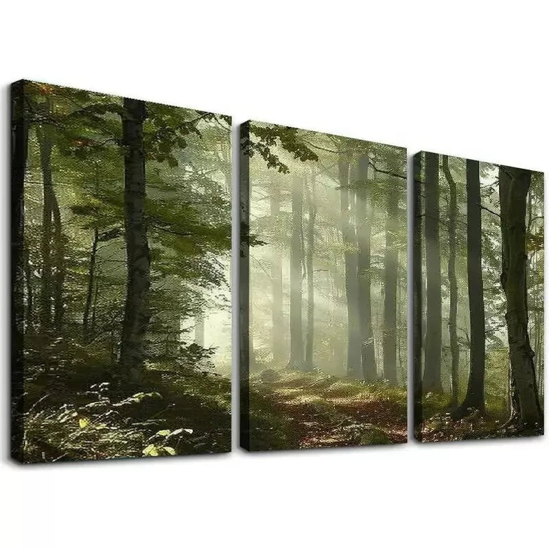 3pcs Classic Style Green Fall Forest Sun Rays Wall Art Set Canvas Framed 40x60cm - High Quality Print 100% Australian Made Wall Canvas Ready to Hang