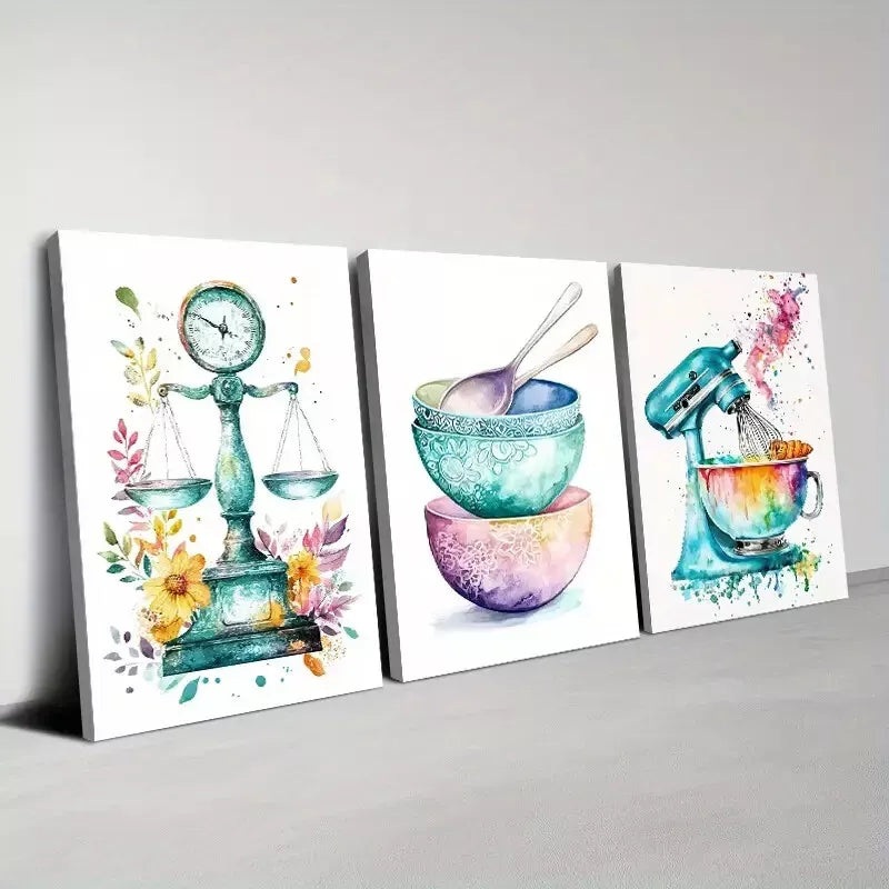3pcs Colorful Classic Modern Watercolor Kitchen Wall Art Set Canvas Framed 40x60cm - High Quality Print 100% Australian Made Wall Canvas Ready to Hang