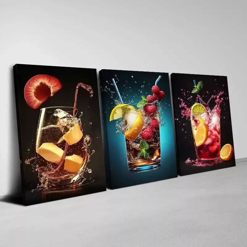 3pcs Colorful Fruit Drinks with Water Splashing Wall Art Set Canvas Framed 40x60cm - High Quality Print 100% Australian Made Wall Canvas Ready to Hang