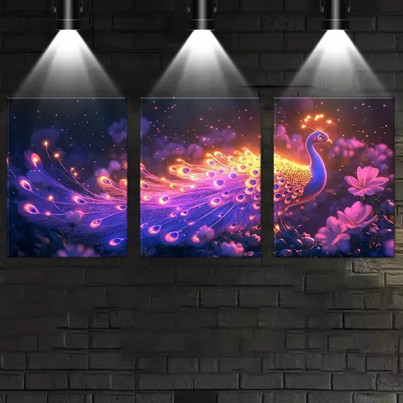 3pcs Colorful magical Peacock with Pink Florals Wall Art Set Canvas Framed 40x60cm - High Quality Print 100% Australian Made Wall Canvas Ready to Hang