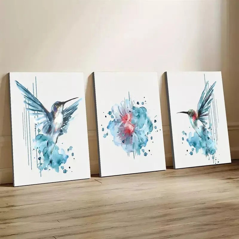 3pcs Creative Vibrant Blue Hummingbird Wall Art Set Canvas Framed 40x60cm - High Quality Print 100% Australian Made Wall Canvas Ready to Hang
