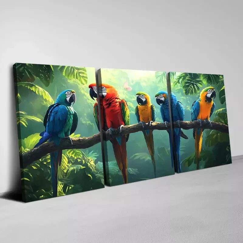 3pcs Cute Parrots on the Branch Greenery Forest Wall Art Set Canvas Framed 40x60cm - High Quality Print 100% Australian Made Wall Canvas Ready to Hang