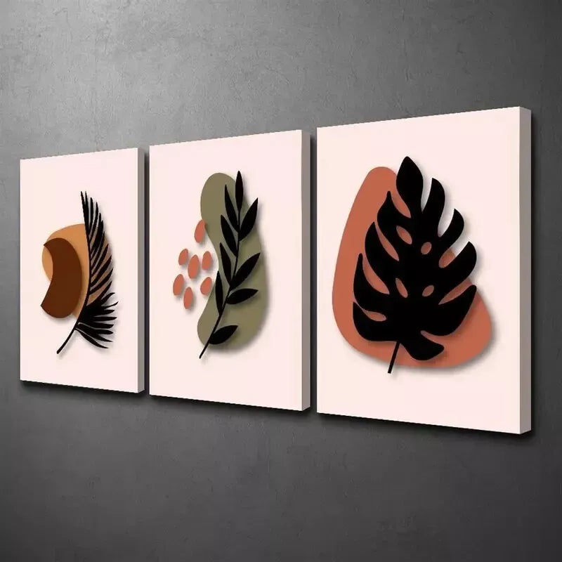3pcs Decorative Abstract Bohemian Style Leaf Wall Art Set Canvas Framed 40x60cm - High Quality Print 100% Australian Made Wall Canvas Ready to Hang