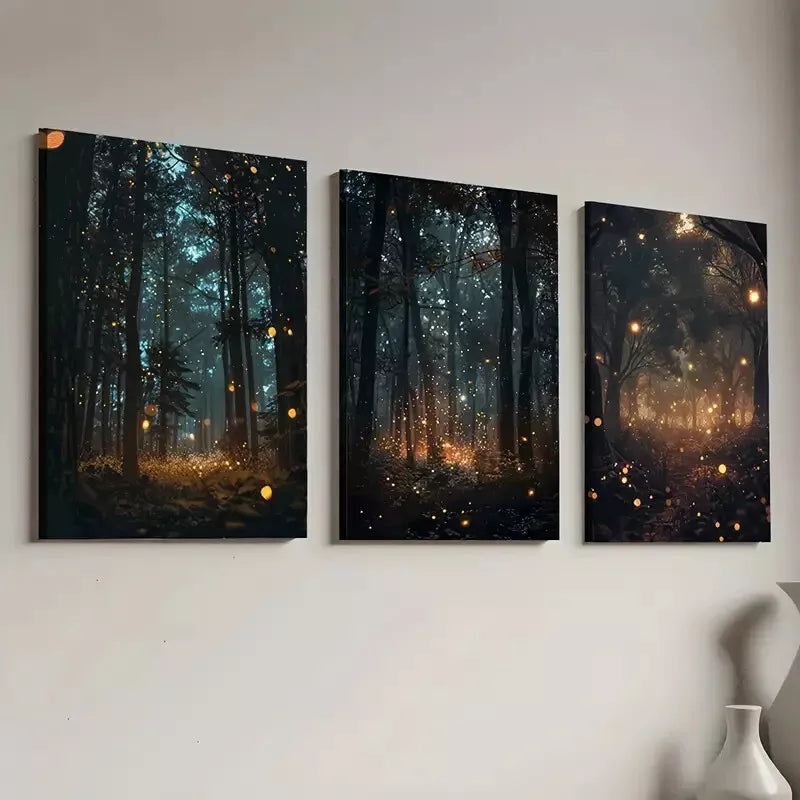 3pcs Decorative Enchanting Forest Firefly Scene Wall Art Set Canvas Framed 40x60cm - High Quality Print 100% Australian Made Wall Canvas Ready to Hang