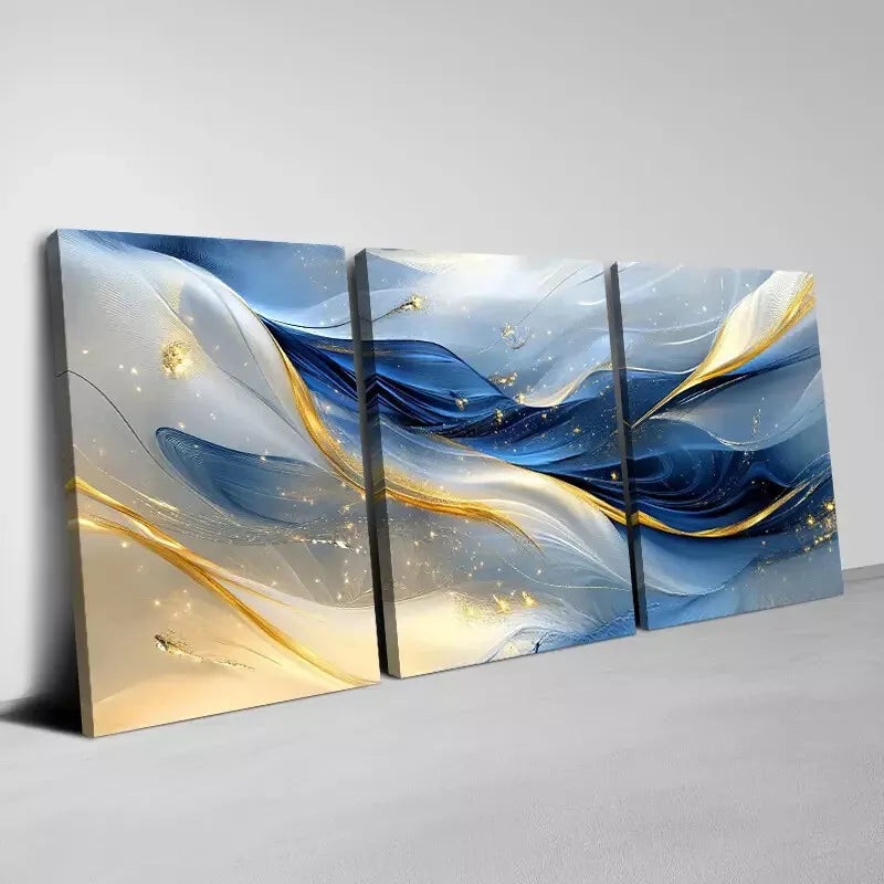 3pcs Elegant Abstract Blue Golden Lines Wall Art Set Canvas Framed 40x60cm - High Quality Print 100% Australian Made Wall Canvas Ready to Hang
