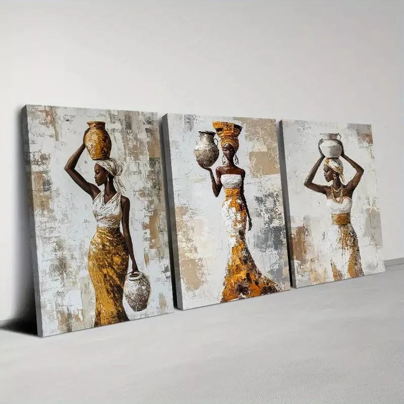3pcs Elegant African Women with Vase Wall Art Set Canvas Framed 40x60cm - High Quality Print 100% Australian Made Wall Canvas Ready to Hang
