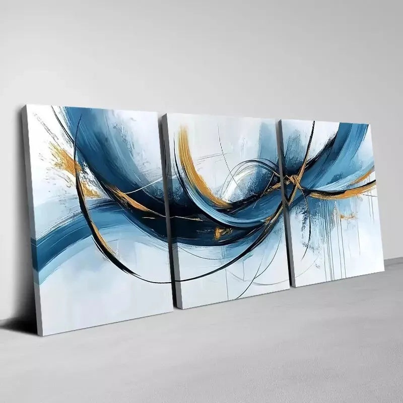 3pcs Elegant Blue & Gold Abstract Shapes Wall Art Set Canvas Framed 40x60cm - High Quality Print 100% Australian Made Wall Canvas Ready to Hang