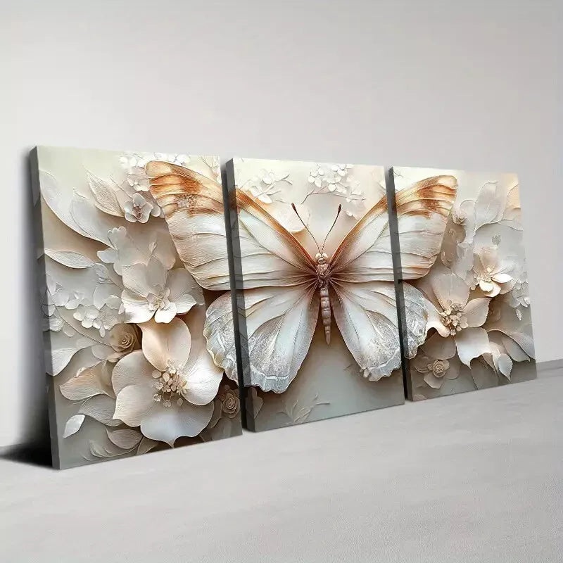 3pcs Elegant Butterfly & Florals with Cream Tone Wall Art Set Canvas Framed 40x60cm - High Quality Print 100% Australian Made Wall Canvas Ready to Hang