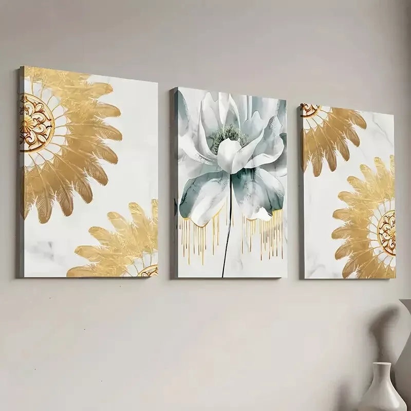 3pcs Elegant Golden Light Luxury Floral Wall Art Set Canvas Framed 40x60cm - High Quality Print 100% Australian Made Wall Canvas Ready to Hang